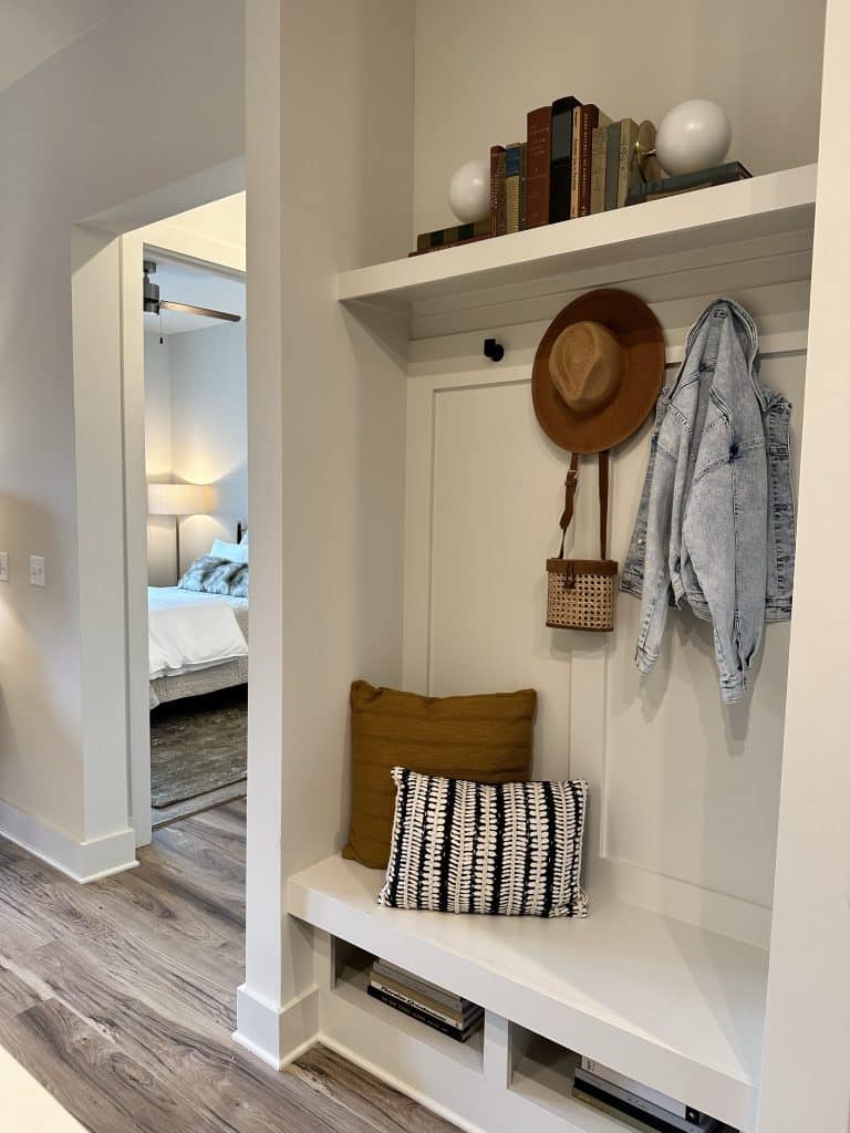 Urban mudroom storage area in apartment homes at Margaux Midtown
