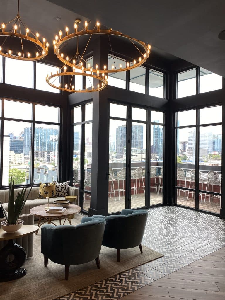 Indoor and outdoor seating in Margaux Midtown's resident sky lounge